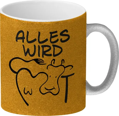 Produktbild von Alles wir KUHt Glitzer-Kaffeebecher in orange zum Thema Bauernhof mit Kuh Motiv