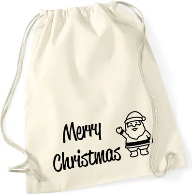 Produktbild von Huuraa Turnbeutel Merry Christmas Weihnachtsmann 12 Liter Natural Baumwolle Rucksack Geschenkidee