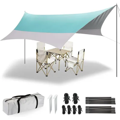 Productafbeelding van Zeildoek, 3,7 x 4,3 meter, waterdicht, ultralicht, 6 bevestigingspunten, turquoise en grijs