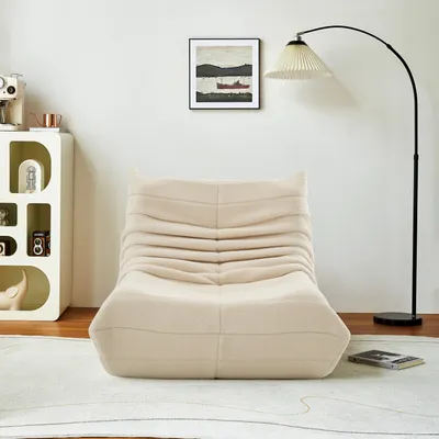Productafbeelding van Moonbite Lazy Sofa, beige, met geïntegreerde voetenbank – teddy fluweel, rugleuning 91 cm, loungebank geschikt voor woonkamer en kantoor