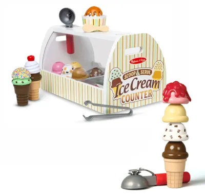 Image de Melissa & Doug Glacier en Bois – Stand de Glaces pour Enfants dès 3 ans (28 Pièces, 8 Boules, 6 Garnitures, Cuillère, Carte de Menu, Argent Factice)