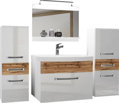 Produktbild von BELINI Badmöbel Vollausstattung Set Waschbeckenschrank, 2x kleiner Schrank, Waschbecken, Spiegel, Lampe (Weiß / Wotan Eiche, Glänzend und Matt)