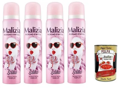 Produktbild von MALIZIA Deodorante Donna Lolita Seduction Parfum,Deodorant Deo Spray für Damen 4x 100ml + Italian Gourmet polpa 400g