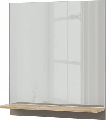 A mirror with a shelf attached, reflecting a window and curtains.