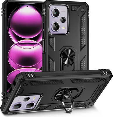 Immagine prodotto di Custodia per Xiaomi Redmi Note 12 Pro a doppio strato robusta, protezione militare con supporto ad anello e supporto nero