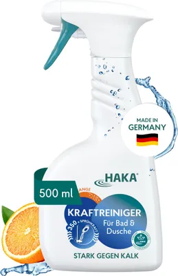 Produktbild von HAKA Kraftreiniger Spray, 500ml, Badreiniger, starke Kalk- und Schmutzlösekraft, für Bad und Dusche, umweltfreundlich, Orangenduft, vegan 500 ml (1er Pack)