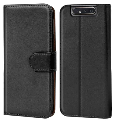A black flip case for a smartphone is shown from the front and back.