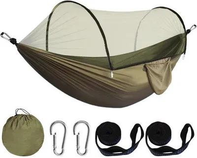 Productafbeelding van Ibenzoa® hangmat met muggennet – nylon, geschikt voor buiten, 260 x 140 cm, maximale draagkracht 250 kg, 900 g, inclusief 2,5 meter nylonbanden en metalen D-ringen
