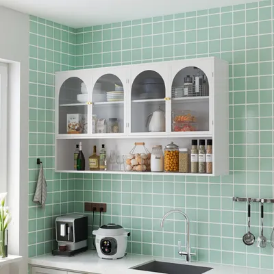 Produktbild von okwish  Sideboard Wandschrank Hängeschrank  aus Glas mit 4 Türen, Wandmontage, geeignet für Küche, Wohnzimmer, Badezimmer (weiß)