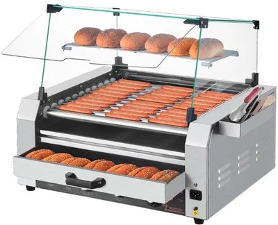 Obrázek produktu pro 11 válečkový elektrický gril na párky v rohlíku - válečkový gril s ohřívačem housek - gril na klobásy