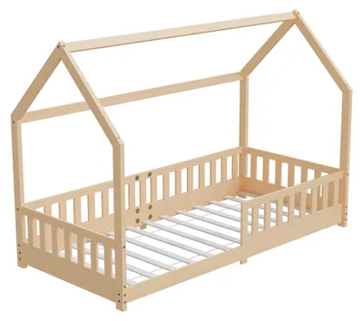 Produktbild von HAGO24 Kinderbett 90x200cm Natur Hausbett Dach Rausfallschutz Massivholz Kiefer Spielbett Lattenrost Bodentief Montessori