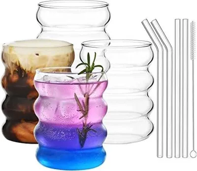 Obrázek produktu pro Sada 4 skleněných pohárků Geribbelde o objemu 350 ml, na pivo, koktejly, mléko, vodu, nápoje, dárek včetně kartáčku