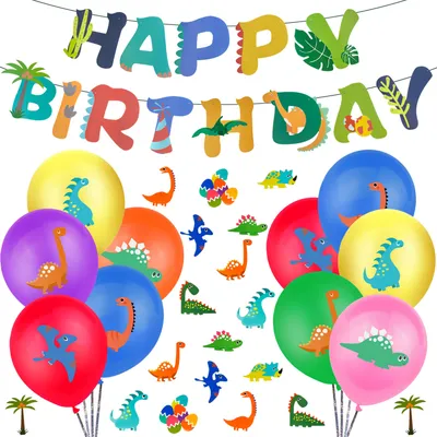 Produktbild von Oblique Unique Happy Birthday Geburtstag Dino Party Deko Set - Luftballons + Happy Birthday Girlande + Dinosaurier Konfetti