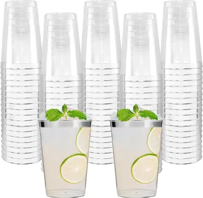 Zdjęcie produktu dla zestaw 60 plastikowych kubków ze srebrną obwódką 350 ml 12 uncji Eleganckie, przezroczyste kubki koktajlowe wielokrotnego użytku na przyjęcia weselne