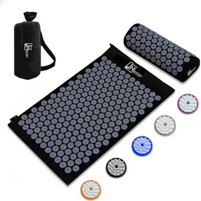 Zdjęcie produktu dla Mata akupresurowa z poduszką - czarna - 70 x 40 cm - do łagodzenia bólu pleców, szyi i stóp - dla mężczyzn i kobiet