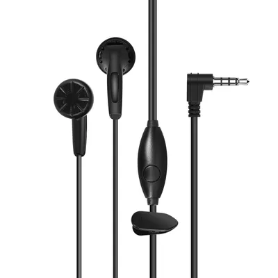 A pair of black wired earphones with a 3.5mm jack and an inline microphone/control.