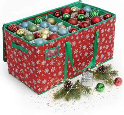 Produktbild von Relaxdays Weihnachtskugel Aufbewahrungsbox, 128 Kugeln, HxBxT: 33 x 66 x 33 cm, Schneeflocken, Vlies, Pappe, rot/grün