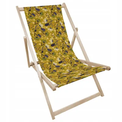 Produktbild von Liegestuhl klappbar aus Holz mit gelbem folkloristischem Wiesenmotiv – Klappstuhl Klappliege Sonnenstuhl Strandstuhl Gartenliege