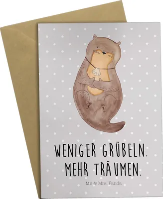 Produktbild von Mr. & Mrs. Panda Grußkarte Otter Muschel - Grau Pastell - Geschenk, Motivation, hochzeitskarten, osterkarte, einladungskarten, weihnachtskarten, Positiv, Träumen