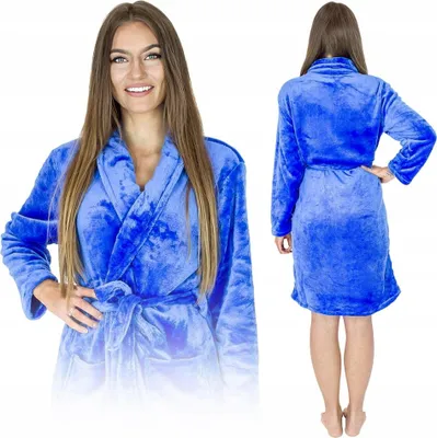 Produktbild von Mikrofaser-Bademantel für Damen, dunkelblau, Pyjama, Taschen, bequem, warm
