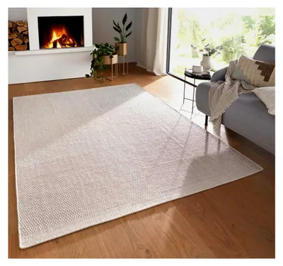 Produktbild von Moderner Boho Skandi Kurzflor Wollteppich Ethno Flachgewebe Kelim Teppich handgewebt Dhurry weiß Creme 140x200 cm