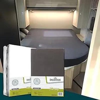 Produktbild von Dexitex Spannbettlaken + Molton Set für Wohnmobil & Caravan – Queensbett 135–160x210 cm – Baumwolle Dunkelgrau (2er Set)