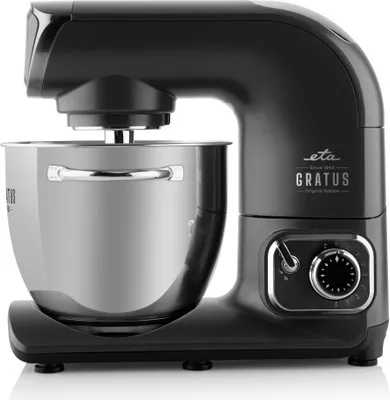 A studio shot of a black and silver stand mixer.
