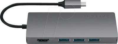 A Satechi multi-port adapter V2 docking station with a USB-C cable and connector.