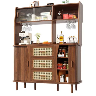 Produktbild von Hochwertiger Buffetschrank mit Rattanoptik & Glasschiebetüren, 174,5cm hoher Küchenschrank mit Stauraum,Nussbaum-Optik, belastbar bis 60kg