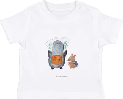 Produktbild von Mr. & Mrs. Panda T-Shirt Pinguin & Maus Wanderer 6. - 12. Monat - Weiß - Geschenk, Baby Shirt, Wandern, Öko, Wanderlust, Babyshirt, Abenteuer, Kleinkind, Kurzarmshirt