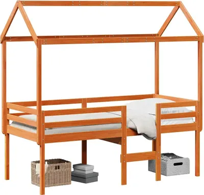Produktbild von vidaXL Hochbett mit Dach Wachsbraun 90x200 cm Massivholz Kiefer