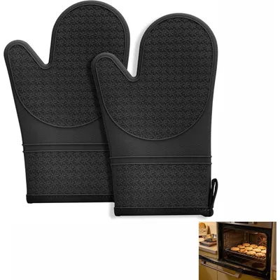 Produktbild von Ofenhandschuhe Hitzebeständig Silikon Anti-Rutsch Baumwolle Schwarz 2 Stück 14,5 x 28 cm -40°C bis 230°C