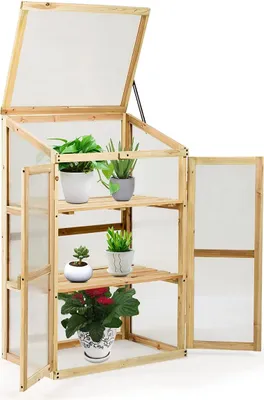 Produktbild von Frühbeet aus Massivholz, Hochbeet mit Transparenten Wänden, Gewächshaus mit Öffbarem Deckel, Lichtdurchlässiges Treibhaus, Wetterfest, aus Polycarbonatglas, für Garten & Balkon (Modell 3)
