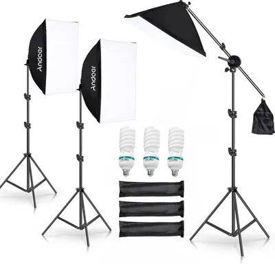 Fotostudio Beleuchtungsset - Softbox Set - LED 3x 135W - Softbox 3x 50x70 cm - Lampenstativ 3x 2 m - Netzbetrieb - Schwarz