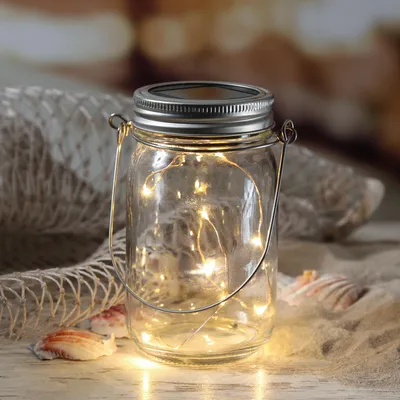 Produktbild von LED Solar Glas - Windlicht mit Drahtlichterkette - Lichtsensor - H: 13cm - transparent