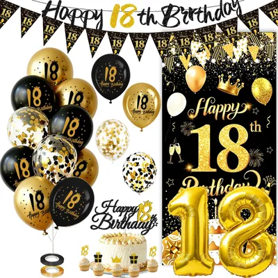 Productafbeelding van Verjaardagsdecoratieset - Met cijferballon "18" en slingers - Voor een 18e verjaardag - Zwart, goud, 45-delig