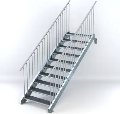 Produktbild von Stahltreppe 10 Stufen bis Höhe 200 cm, Laufbreite : 100 cm beidseitiges Geländer ST 2 (31 / 31 mm gezackt)