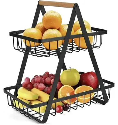 Obrázek produktu pro Kovový koš na ovoce, dvoupatrový, černý, stohovatelný