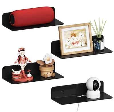 Produktbild von Set mit 4 kleinen schwarzen Wandregalen, 23 cm, schwebende Acrylregale, kein Bohren erforderlich, zwei Montagemöglichkeiten (Kleber oder Schrauben) für Schlafzimmer, Badezimmer, Küche, Wohnzimmer und Aufbewahrung