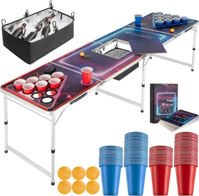 Produktbild von tectake® Aluminium Bierpongtisch BeerWars II mit Eisfach, Becherlöchern, LED-Beleuchtung inklusive 100 Bechern, 6 Bällen und Kartentrinkspiel