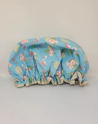 Image de Jumada's - Bonnet de douche double protection - Flamant rose et bleu clair - Imperméable - Bonnet de bain - Double épaisseur - Couvre-cheveux - Bonnet de douche pour femmes - Accessoires de salle de bain