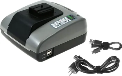 A battery charger and its accessories are shown against a white background.