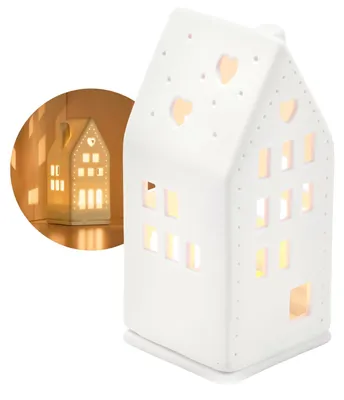 Teelichthaus aus mattem Porzellan, 6,5 x 6,5 x 14 cm, weiß