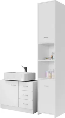 Immagine prodotto di CASARIA® Set Mobili Bagno 2 Pezzi Arredamento Toilette Bianco Mobile Alto Mobile Sottolavabo  in Legno Armadietti Mobiletto Colonna Mobile Lavandino
