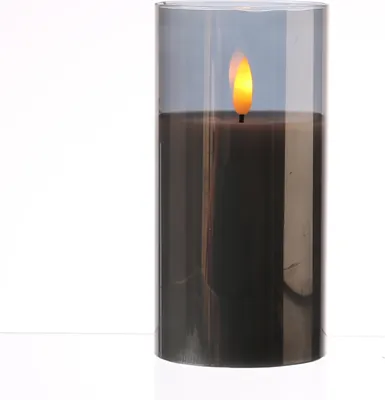 Produktbild von LED Kerze im Glas - Windlicht - Echtwachs - flackernde 3D Flamme - Timer - H: 15cm - rauchgrau
