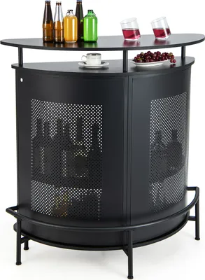 A black bar cabinet with bottles and glasses on display.