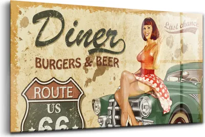 Obrázok produktu pre Obraz z tvrdeného skla - Maľovanie Stien - Temperované Sklo - 140x70 cm - Vintage plagát v štýle Route 66