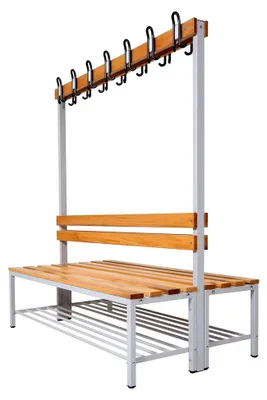 Produktbild von Umkleidesitzbank mit Stahlrahmen, Garderobenbank für Fitnessstudio aus Buche Echtholz, lackiert, mit Hakenleiste und  - 150 cm Doppelseitig mit Schuhrost - Grau