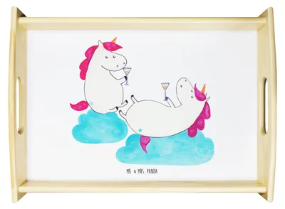 Produktbild von Mr. & Mrs. Panda Tablett Einhorn Sekt - Weiß - Geschenk, Unicorn, aus holz, Freundin, serviertablett, Bett-Tablett, Einhörner, BFF, Spaß, betttablett