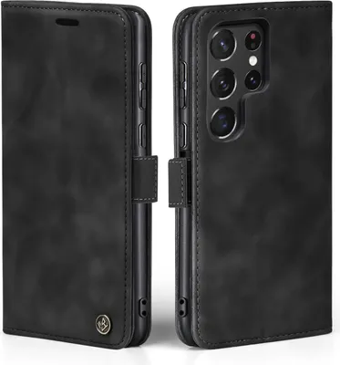 A black flip case for a smartphone is shown from two angles, open and closed.